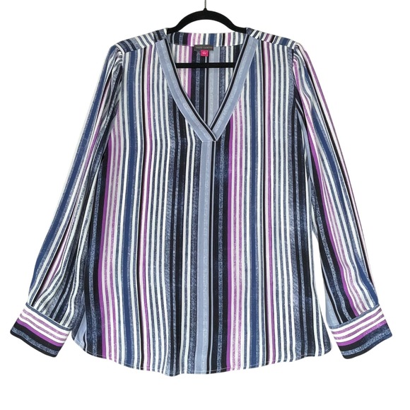 Vince Camuto Striped Blouse V-Neck Long Sleeve Career Top Purple Blue‎ L - Picture 1 of 8